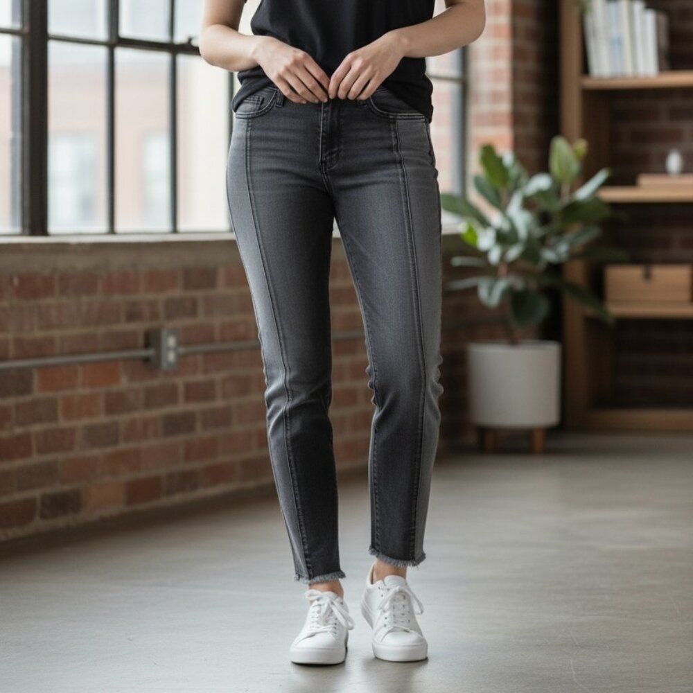 JustBlack Duo-tone black/grey paneled Denim with Fringe Edge - Sz 28